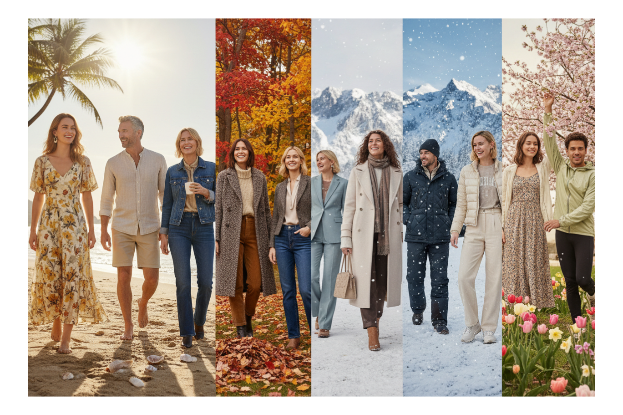 Collage of people in different outfits for four seasons: beach, autumn, winter, and spring.